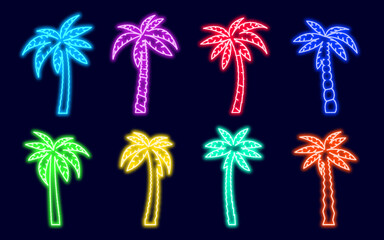 Palm trees neon icon set. Tropical palms tree billboard bright lamps. Luminous exotic summer decoration for bar signboard, beach party advertisement, background