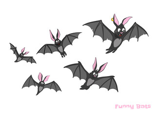 Halloween mascot. Isolated cartoon bats. Funny dracula monsters. Cute night vampires. Comic clipart