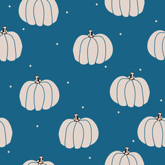 Halloween seamless pattern with white pumpkins and dots on a blue background. Ideal for autumn holidays, wallpaper, wrapping paper, fabric. Vector illustration.
