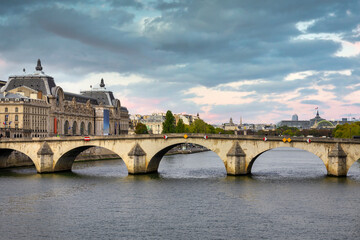 Pont Royal bridge over the Seine River with the Orsay Museum in the background, Paris. France