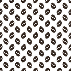 seamless pattern with coffee beans on white background. Flat vector caffeine ornament. Coffee break, lunch or take away drink wallpaper.