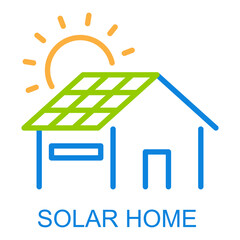 Home solar energy flat logo. Solar panel and sun, vector illustration