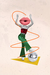 Vertical collage picture of excited person black white gamma huge lips instead head dancing disco...