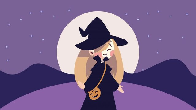happy halloween animation with witch and pumpkin