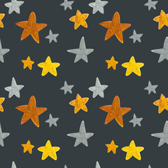 Hand drawn silver and golden stars pattern on dark background. For fabric, sketchbook, wallpaper, wrapping paper.	