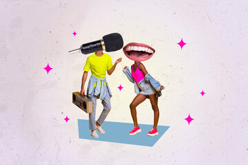 Collage photo of youngsters couple dancing celebrate party microphone headless mouth nice mood...