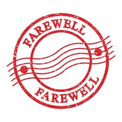 FAREWELL, text written on red postal stamp.