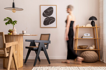 Warm and cozy interior of living room space with mock up poster frame, round table, boucle rug,...