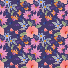 Beautiful blooming flowers on purple color background seamless pattern.