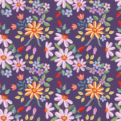 Fototapeta na wymiar Beautiful blooming flowers design on purple color background seamless pattern.