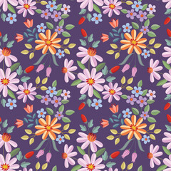 Beautiful blooming flowers design on purple color background seamless pattern.