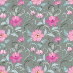 Beautiful pink flowers and leaf ornament seamless pattern.