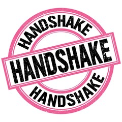 HANDSHAKE text on pink-black round stamp sign