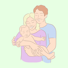 Happy family posing together. The father hugs his wife and their child. Smiling mother holding her baby and hugging her husband. Young parents concept