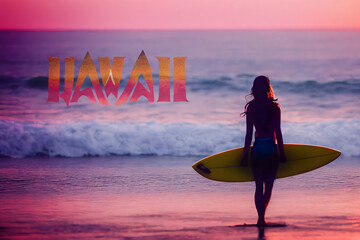 Fototapeta Silhouette of a girl with a surfboard on a sunset background. Concert tourism in Hawaii. 3d rendering obraz