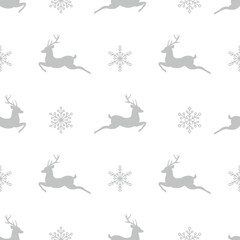 seamless winter pattern with silver grey snowflakes and deers with antlers. vector flat Christmas ornament on white background. winter reindeer texture.