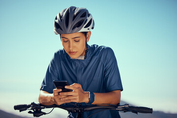Woman on bicycle, search gps on smartphone with outdoor 5g internet and mobile application. Young...