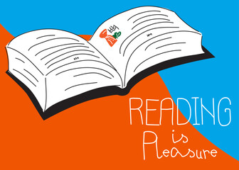 Old opened book with Reading is Pleasure text. Card or banner vector illustration.