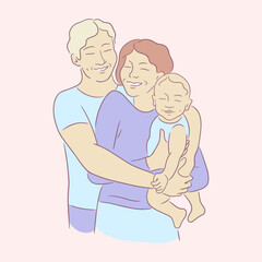Happy family posing together. The father hugs his wife and their child. Smiling mother holding her baby and hugging her husband. Happy parents concept