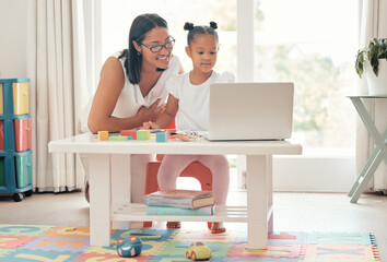 Education, teacher and online homeschool with laptop girl, help from mother or teacher for education, study in kindergarten. Mom, school and student child with studying, teaching and computer at home