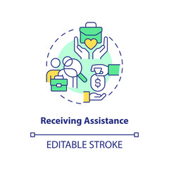 Receiving assistance concept icon. Mentorship. Donations. Voluntary support abstract idea thin line illustration. Isolated outline drawing. Editable stroke. Arial, Myriad Pro-Bold fonts used