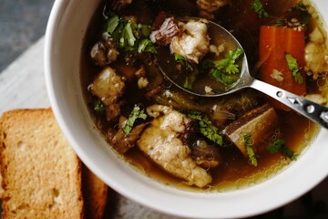 Homemade Lamb Goat or Mutton soup stew served in a bowl, selective focus
