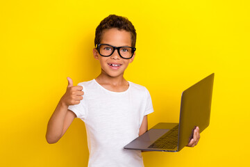 Photo of little man pupil boy model glasses hold netbook enjoy remote distance online education...