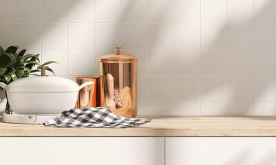 3D render close up blank empty space on beautiful wooden kitchen counter top with stylish kitchen ware, cooking pot, square white ceramic wall tiles. Morning  sunlight, Tools, Equipment, Background.