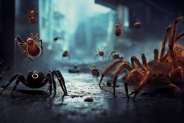 Spiders invade the streets at night. They weave huge webs in urban areas, invading houses and affecting health of people. It's an infestation and a symbol of epidemic and arachnophobia. 3D rendering.