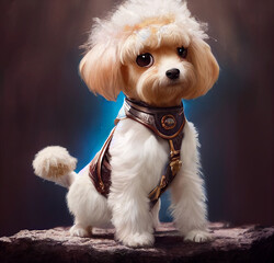 Adorable tiny Maltipoo puppy as cartoon adventurer