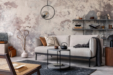 Loft style of modern apartment with grey design sofa, armchairs, ladder, black coffee table, black ladder, pedant lamp, carpet, decoration and elegant accessories . Concrete grunge wall. Template.	