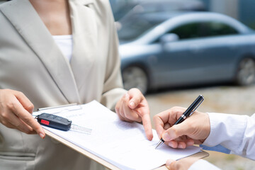 lease, rental car. Dealership manager send contract and car keys to new owner to sign. Sales, loan...