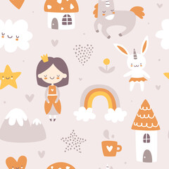 Cute fairytale baby pattern. Cartoon seamless vector print for girls textile and nursery.