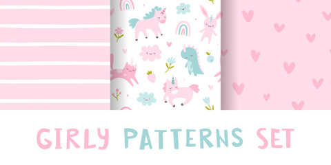 Baby girl pattern collection. Cute seamless pink vector prints set. Scandinavian girly patterns. © Sonium_art