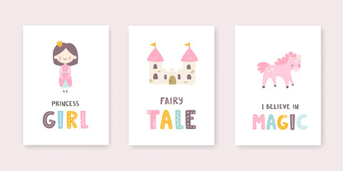 Fototapeta na wymiar Girly poster set with princess, castle and unicorn. Fairytale prints collection for baby girl wall art.
