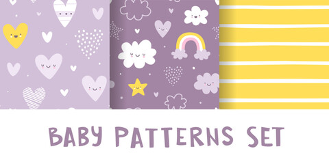 Baby pattern collection. Cute seamless purple vector prints set. Romantic girly patterns.