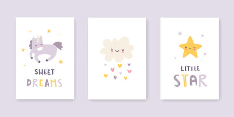 Set of sweet dreams posters for baby room. Cute prints collection for kids wall art. Cartoon triptych for nursery.