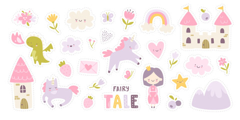 Cute fairy tale stickers set for girls. Magic girly collection with princess and unicorn. Kawaii fantasy sticker bundle.
