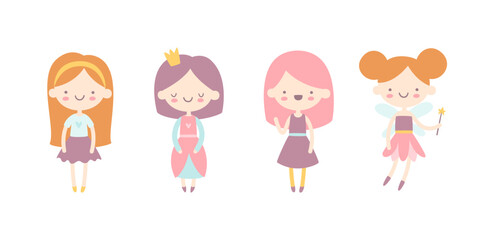 Cute fairytale girls collection. Pretty little stylized girls set. Girly characters.