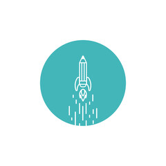 Fototapeta premium Line pencil rocket ship with fire in blue circle. Flat line icon isolated on white. Vector illustration with flying pencil. Creativity sign. Creative idea symbol. Knowledge, inspiration illustration