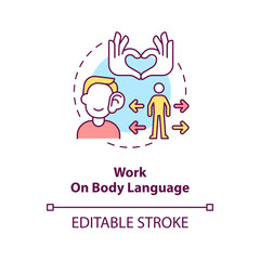 Work on body language concept icon. Facial expression. Communication skills abstract idea thin line illustration. Isolated outline drawing. Editable stroke. Arial, Myriad Pro-Bold fonts used