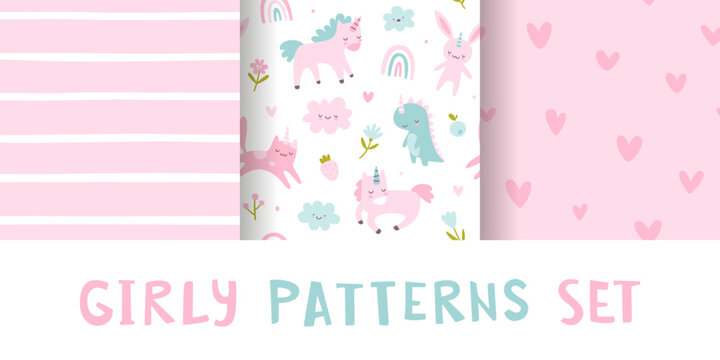 Fototapeta Baby girl pattern collection. Cute seamless pink vector prints set. Scandinavian girly patterns.