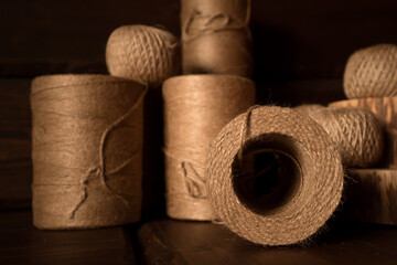 Jute threads materials for crocheting on dark background