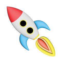 Spaceship rocket. Toy rocket upswing ,spewing smoke. Startup, space, business concept. 3d vector icon. Cartoon minimal style.