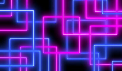 Neon abstract background. 3d Colored neon glow laser lines illumination on black backdrop. Retro synthwave, 80s concept. 