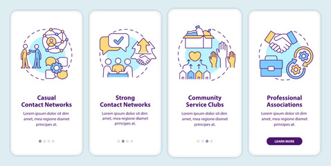 Business networking groups onboarding mobile app screen. Communities walkthrough 4 steps editable graphic instructions with linear concepts. UI, UX, GUI template. Myriad Pro-Bold, Regular fonts used