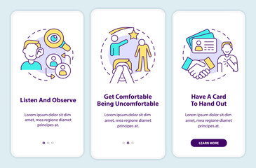 Networking for introverts onboarding mobile app screen. Combat shyness walkthrough 3 steps editable graphic instructions with linear concepts. UI, UX, GUI template. Myriad Pro-Bold, Regular fonts used