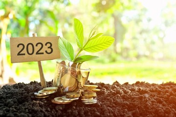 Year 2023 start investing and saving concept. Wooden blocks 2023 with increasing stack of coins at...