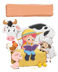 Girl reading a book on the farm surrounded by animals