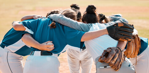 Baseball, support and team together in a motivation, game and training on a pitch or field, Women athlete or club with teamwork, collaboration and conversation in a sports match outdoor in summer